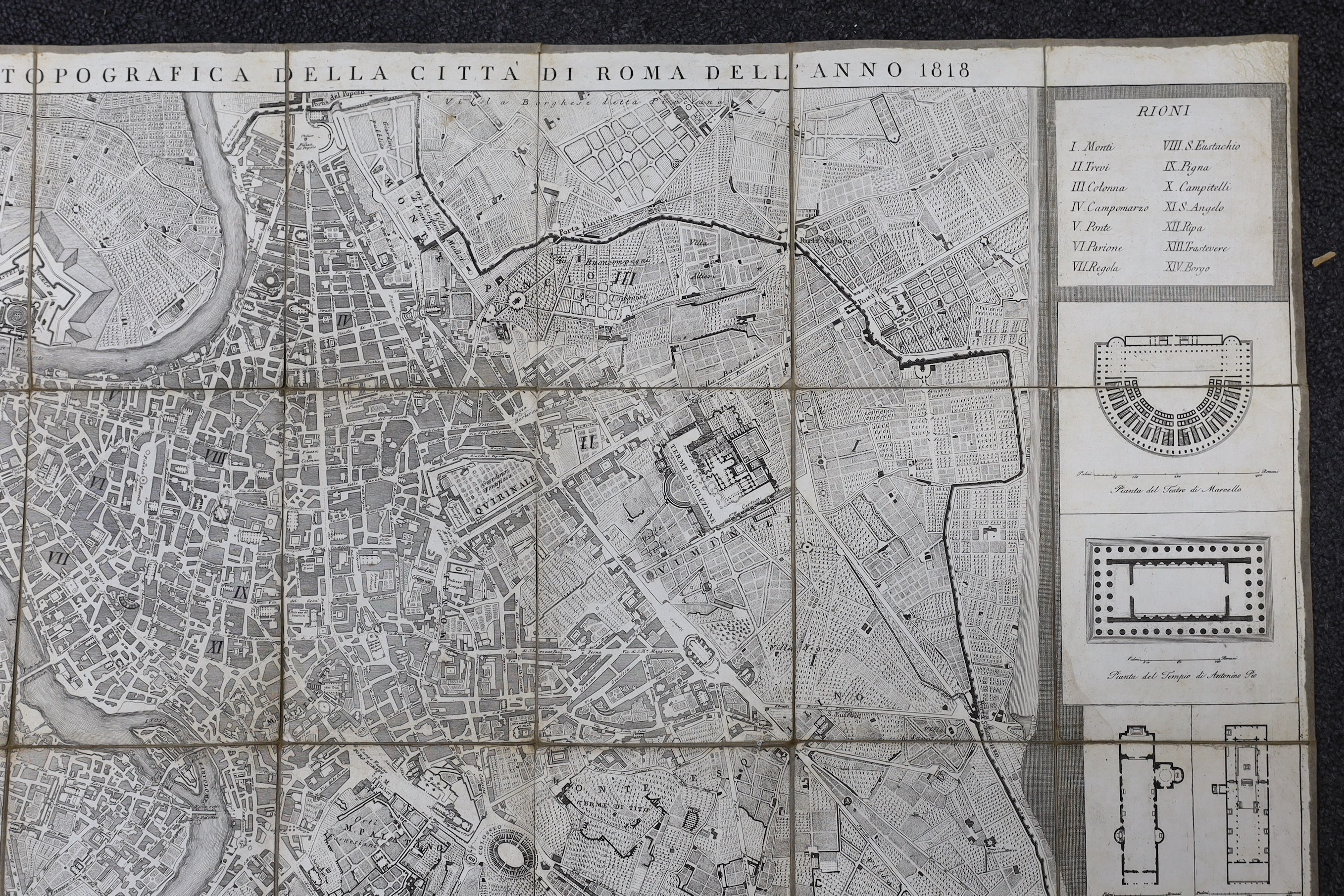 (Rome) Pianta Topgrafica dela Citta di Roma ... folded large scale plan, dissected and mounted on linen, engraved plans in surrounds, opens to approx. 44 x 82cms; some individual buildings and streets named, contained in